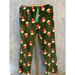 Weekending Popcorn Print Plush Fleece Pajama Pants Green Large Lounge Sleep